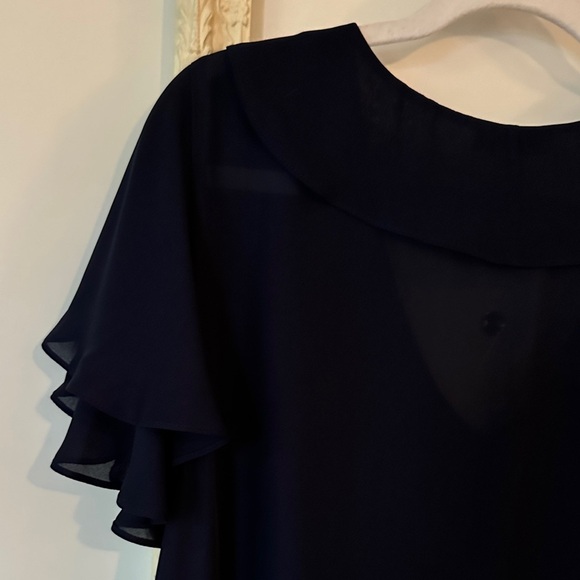PARKER | Silk Dark Blue Ruffle Short Sleeve Blouse - Picture 9 of 11